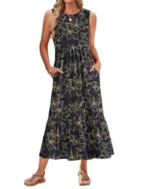🆕 Summer Dress for Women Sleeveless Empire Waist Crewneck Maxi Dresses with